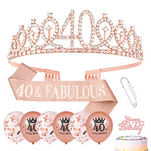 Popuppe 40.Geburtstag Schärpe und Geburtstagskrone,Rose Gold Schärpe Tiara Krone, Cupcake Topper Konfetti Luftballons Zum 40.Geburtstag Geschenke Frauen Deko (Rose Gold) von Popuppe