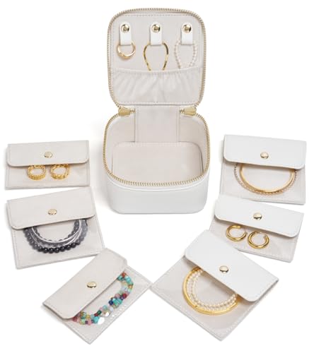 Popvibe Reise-Schmuckkästchen, Organizer, kleine Schmuckschatulle für Damen, mit 6 Mini-Schmuckbeuteln, tragbare Reise-Schmucktasche für Ohrringe, Halsketten, Weiß Popvibe Reise-Schmuckkästchen, Organizer, kleine Schmuckschatulle für Damen, mit 6 Mini-Schmuckbeuteln, tragbare Reise-Schmucktasche für Ohrringe, Halsketten, Weiß von Popvibe