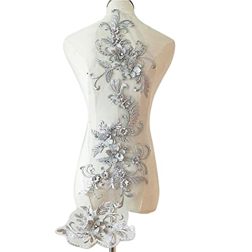 Blumenspitzenapplikation 3D Perlen Motiv Spitze Pailletten Stoff Brautkleid Flecken Aufkleber zum Nähen, Grau Blumenspitzenapplikation 3D Perlen Motiv Spitze Pailletten Stoff Brautkleid Flecken Aufkleber zum Nähen, Grau von Porgeel