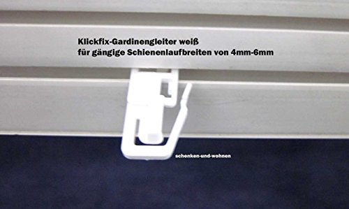 Porschen Gardinengleiter, 20 Stück, Weiß, Kunststoff, Glänzend, Weißer Lack oder Kunststoffbeschichtung, Schienenmontage, Heimnutzung, 4-6 mm Laufbreite, 10 mm Kanalbreite, 9 mm Kanalhöhe Porschen Gardinengleiter, 20 Stück, Weiß, Kunststoff, Glänzend, Weißer Lack oder Kunststoffbeschichtung, Schienenmontage, Heimnutzung, 4-6 mm Laufbreite, 10 mm Kanalbreite, 9 mm Kanalhöhe von Porschen