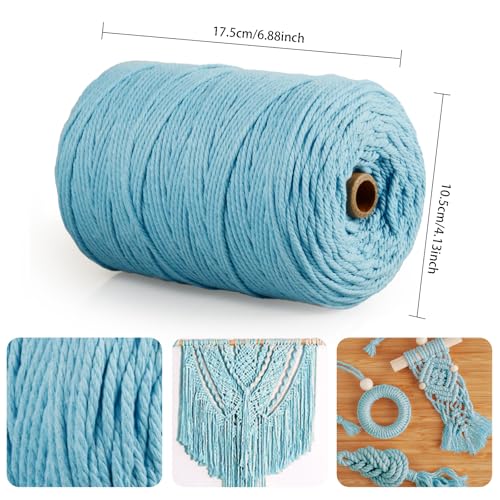Posan Makramee Garn 3mm x 300m, Natur Baumwollgarn ohne Chemie, Macrame Cord für DIY Handwerk Basteln Wandbehang Blumenampel Pflanze Aufhänger Stricken (Hellblau) von Posan