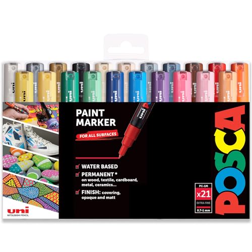 Posca PC-1M Paint Art Marker Stifte - Stoff Glas Metall Stift - 21 Stück - Set in Geschenkbox Verpackung, mehrfarbig von POSCA