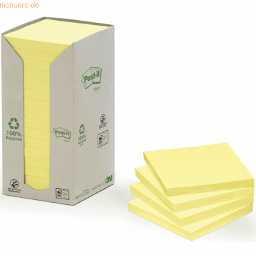 Post-it Haftnotiz Recycling Notes 76x76mm 100 Blatt gelb VE=16 Blöcke von Post-It