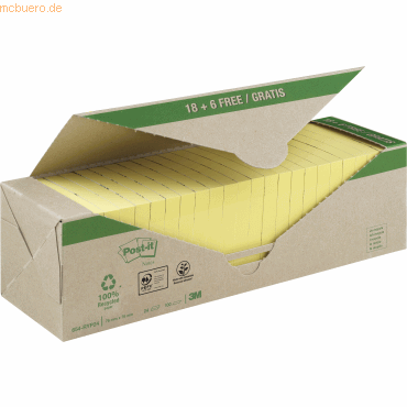 Post-it Haftnotiz Recycling Notes 76x76mm 100 Blatt gelb VE=24 Blöcke von Post-It