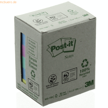 Post-it Notes Haftnotizen Recycling 38x51mm 6-farbig 6x100 Blatt von Post-it Notes