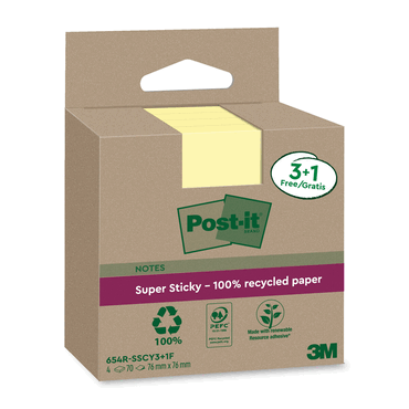 Post-it Haftnotiz Super Sticky 100% Recycling Notes - 76 x 76 mm gelb von Post-It