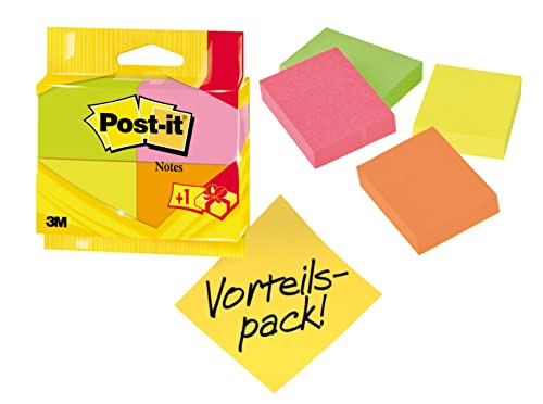 Post-It Notes, Verschiedene Neonfarben, 38 mm x 51 mm, Promotion, 100 Blatt/Block, 3 Blöcke + 1 Gratis/Packung von Post-it