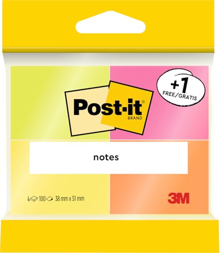 Post-It Notes, Verschiedene Neonfarben, 38 mm x 51 mm, Promotion, 100 Blatt/Block, 3 Blöcke + 1 Gratis/Packung von Post-it