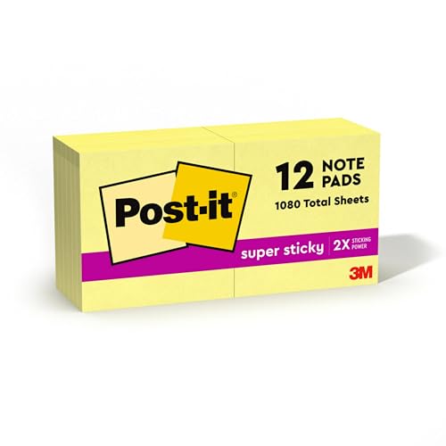 Post-it Super Sticky Notes Kanariengelb, Packung mit 12 Blöcken, 90 Blatt pro Block, 76 mm x 76 mm, Farbe: Gelb - Extra-stark klebende Notizzettel für Notizen, To-Do-Listen und Erinnerungen von Post-it