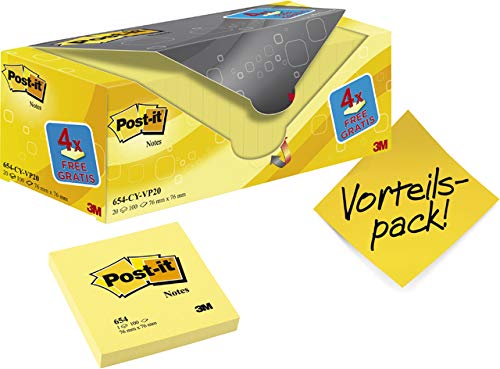 Post-it® Haftnotiz, 76 x 76 mm, gelb, 100 Blatt (20 Blocks), Sie erhalten 1 Packung á 20 Blöcke von Post-it