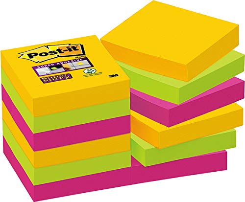Post-it® Haftnotiz Super Sticky, 48 x 48 mm, 3farbig sortiert, 90 Blatt (12 Blocks), Sie erhalten 1 Packung á 12 Blöcke von Post-it