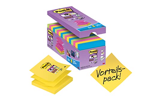 Post-it Super Sticky Z-Notes, Vorteilspackung, Packung mit 14 Blöcken + 2 Gratisblöcke, 90 Blatt pro Block, 76 mm x 76 mm, Farben: Grün, Gelb, Pink, Blau - Extra-stark klebende Notizzettel von Post-it