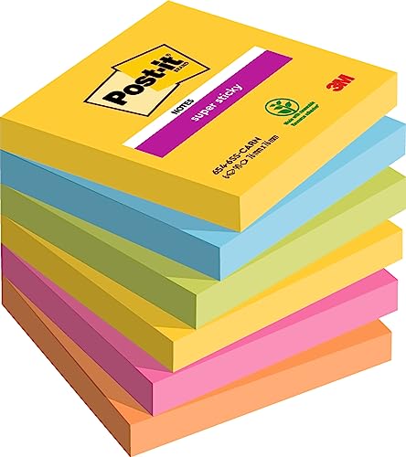 Post-it Super Sticky Notes Carnival Collection, Packung mit 6 Blöcken, 90 Blatt pro Block, 76 x 76 mm, Gelb, Blau, Grün, Pink - Extra-stark klebende Notizzettel für To-Do-Listen und Erinnerungen von Post-it
