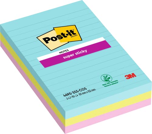 Post-it Super Sticky Notes, Cosmic Collection, liniert, 101mm x 152 mm, 3 Blöcke á 90 Blatt zum Vorteislpreis von Post-it