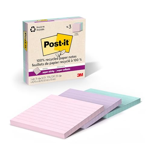 Post-it 100% Recycled Paper Super Sticky Notes, 2X The Sticking Power, 4x4 in, Lined, 3 Pads, 70 Sheets/Pad, Wanderlust Pastels Collection (675R-3SSNRP) von Post-it