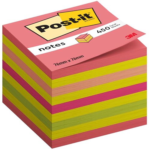 Post-it Sticky Notes Cube Neon Collection, Packung mit 1 Block, 450 Blatt, 76 mm x 76 mm, Pink, Gelb, Orange, Grün - Selbstklebende Notizzettel für Notizen, To-Do-Listen und Erinnerungen von Post-it