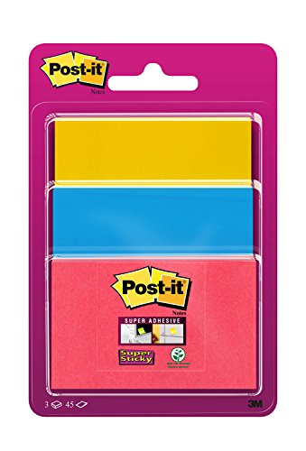Post-it 34323BYP Haftnotiz Super Sticky Notes, 45 Blatt, 3 Block, 48 x 76 mm mohnrot, 76 x 76 mm neonblau, 76 x 101 mm ultragelb von Post-it