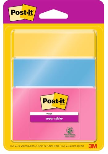 Post-it 34323BYP Haftnotiz Super Sticky Notes, 45 Blatt, 3 Block, 48 x 76 mm mohnrot, 76 x 76 mm neonblau, 76 x 101 mm ultragelb von Post-it