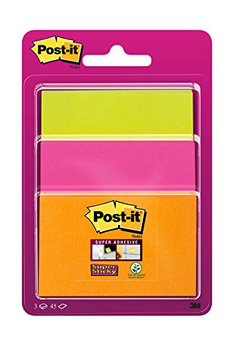 Post-it 34323POG Haftnotiz Super Sticky Notes, 45 Blatt, 3 Block, 48 x 76 mm neonorange, 76 x 76 mm ultrapink, 76 x 101 mm neongrün von Post-it
