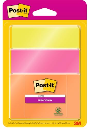 Post-it 34323POG Haftnotiz Super Sticky Notes, 45 Blatt, 3 Block, 48 x 76 mm neonorange, 76 x 76 mm ultrapink, 76 x 101 mm neongrün von Post-it