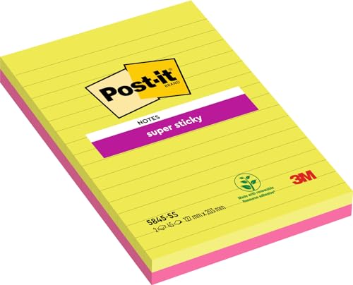 Post-it 5845SSEU - Haftnotiz Super Sticky Notes, 127 x 203 mm, 45 Blatt, liniert, 2 Stück, neongrün, ultrapink von Post-it