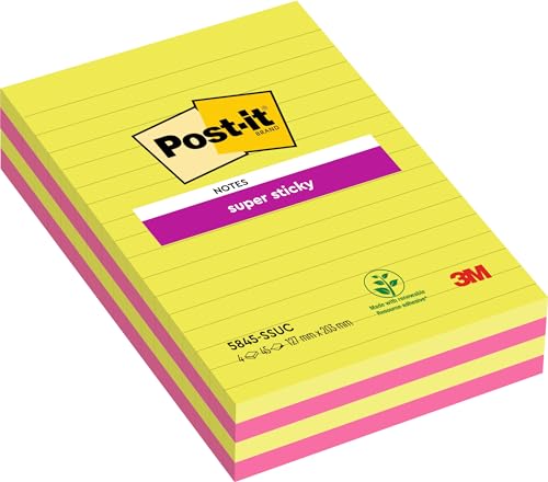 Post-it 5845SSEU - Haftnotiz Super Sticky Notes, 127 x 203 mm, 45 Blatt, liniert, 2 Stück, neongrün, ultrapink von Post-it