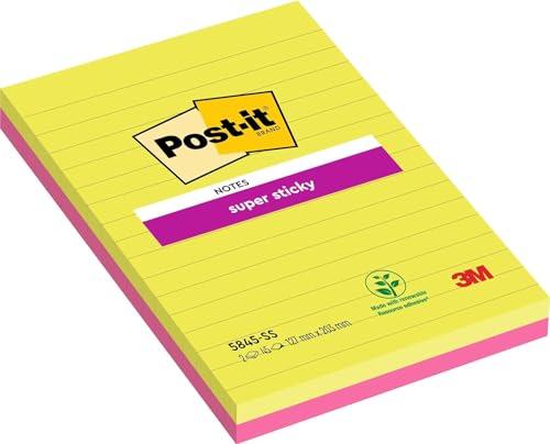 Post-it 5845SSU Super Sticky Notes (127 x 203 mm, liniert) 4 Blöcke à 45 Blatt, neongrün, ultrapink von Post-it