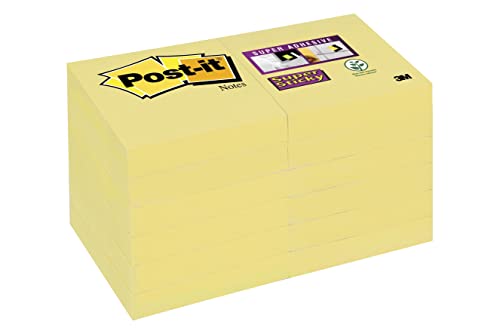 Post-it Super Sticky Notes, Packung mit 12 Blöcken, 90 Blatt pro Block, 47,6 mm x 47,6 mm, Farbe: Gelb - Extra-stark klebende Notizzettel für Notizen, To-Do-Listen und Erinnerungen von Post-it