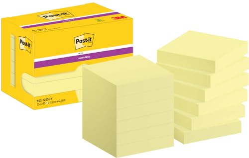 Post-it Super Sticky Notes, Packung mit 12 Blöcken, 90 Blatt pro Block, 47,6 mm x 47,6 mm, Farbe: Gelb - Extra-stark klebende Notizzettel für Notizen, To-Do-Listen und Erinnerungen von Post-it