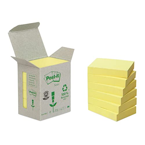 Post-it Recycling Notes Mini Tower, 38 x 51 mm, 100 Blatt, 6 Block, Pastellgelb - in Weiteren Farben Verfügbar - Selbstklebende Notizzettel aus 100% Recyclingpapier von Post-it