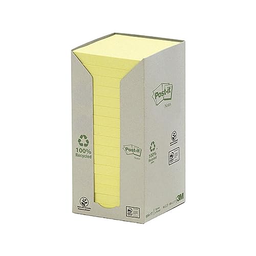 Post-it Recycling Notes Kanariengelb, Packung mit 16 Blöcken, 100 Blatt pro Block, 76 mm x 76 mm, Farbe: Gelb - Selbstklebende Notizzettel aus 100% Recyclingpapier von Post-it