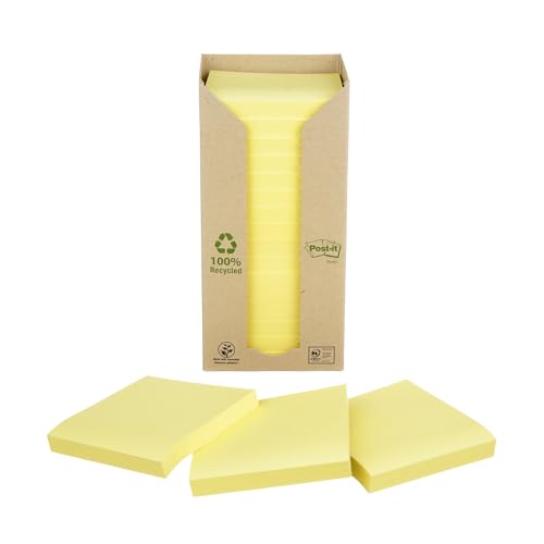 Post-it Recycling Notes Kanariengelb, Packung mit 16 Blöcken, 100 Blatt pro Block, 76 mm x 76 mm, Farbe: Gelb - Selbstklebende Notizzettel aus 100% Recyclingpapier von Post-it