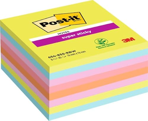 Post-it 654-8SS-RBW-EU Super Sticky Notes, 76 x 76 mm neongrün/türkis/neonpink/mohnrot/neonorange von Post-it