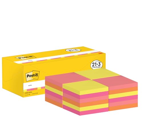 Post-it 654NP24 Haftnotiz Notes Promotion, 24 Blöcke 100 Blatt im Karton, 76 x 76 mm, neonorange/gelb/pink/mandarinenorange von Post-it