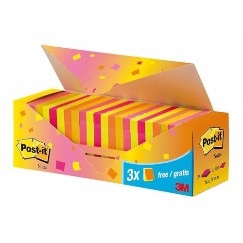 Post-it 654NP24 Haftnotiz Notes Promotion, 24 Blöcke 100 Blatt im Karton, 76 x 76 mm, neonorange/gelb/pink/mandarinenorange von Post-it