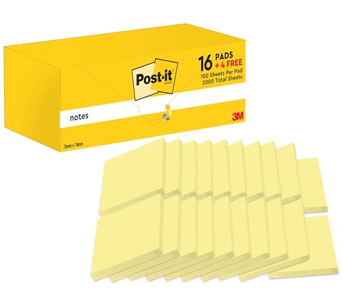 Post-it Notizen Kanariengelb, Packung mit 20 Blöcken, 100 Blatt pro Block, 76 mm x 76 mm, Farbe: Gelb - Selbstklebende Notizzettel für Notizen, To-Do-Listen und Erinnerungen von Post-it