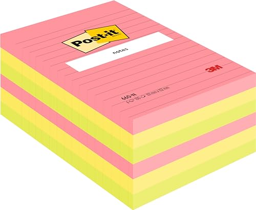 Post-it Notes im Großformat, Verschiedene Neonfarben, Liniert, 6 Blöcke, 101 mm x 152 mm, 100 Blatt pro Block - Extra-stark klebende Notizzettel für To-Do-Listen und Erinnerungen von Post-it