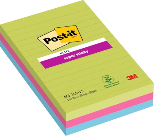 Post-it 6603SSU Haftnotiz Super Sticky Ultra Notes, 101 x 152 mm, liniert, neongrün, ultrapink, -blau, 3 Blöcke à 90 Blatt von Post-it