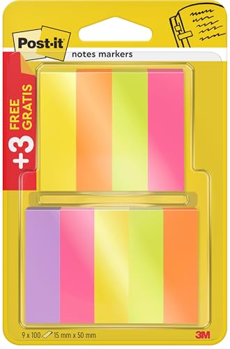 Post-it 670-6+3 Haftstreifen Page Marker (schmal, 15 x 50 mm) 9 x 100 Blatt, neonpink/-grün/-gelb/-orange/-violett von Post-it