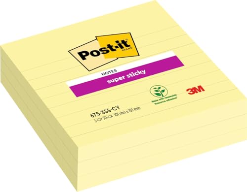 Post-it 675-3SCY Haftnotiz Super Sticky Notes, 101 x 101 mm, liniert, 3 Blöcke a 70 Blatt, gelb von Post-it