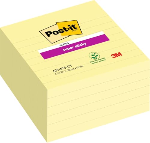 Post-it 675-6SCY Haftnotiz Super Sticky Notes, 101 x 101 mm, liniert, 6 Blöcke a 90 Blatt, gelb von Post-it