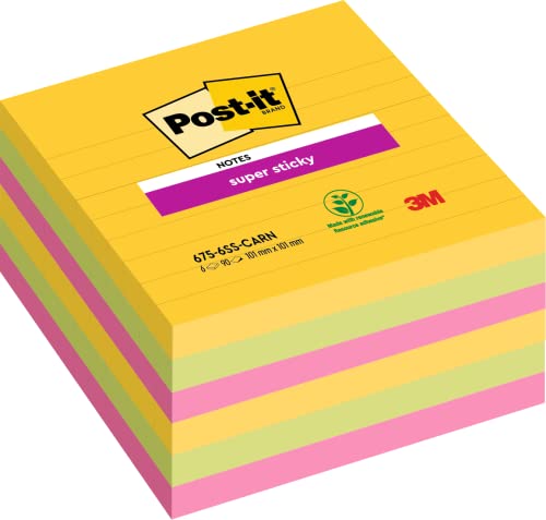 Post-it  Super Sticky Notes, Carnival Collection, liniert, 101 mm x 101 mm, 6 Blöcke á 90 Blatt zum Vorteislpreis von Post-it