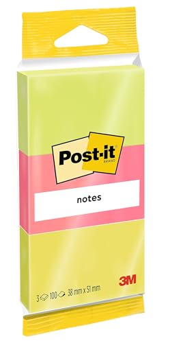 Post-it 6812N Haftnotiz Notes, Neonfarben Gelb, Rosa, Grün, 3 Pads - 100 Blatt pro Pad - 38 mm x 51 mm von Post-it