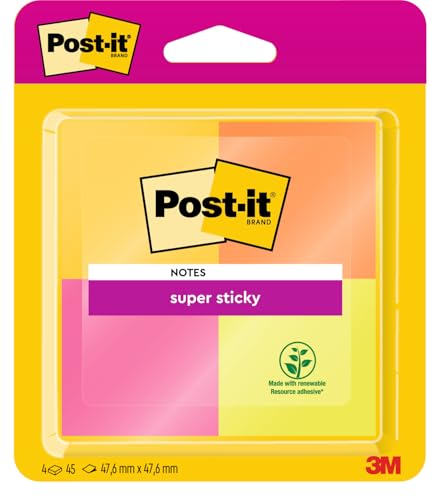 Post-it 6910YPOG Haftnotiz Super Sticky Notes, 48 x 48 mm, 4 Blöcke a 45 Blatt, ultragelb/neonrosa/-orange/-grün von Post-it