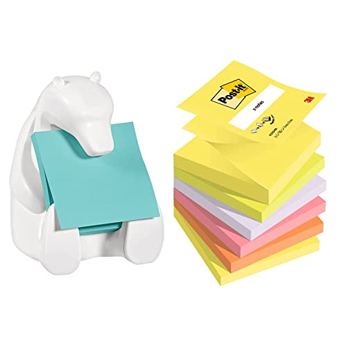 Post-it Dispenser Z-Notes Bear, 90 Blatt pro Block, Türkis & Z-Notes Neon Rainbow Collection, Packung mit 6 Blöcken, 100 Blatt pro Block, 76 mm x 76 mm, Farben: Gelb, Grün, Lila, Pink, Orange von Post-it