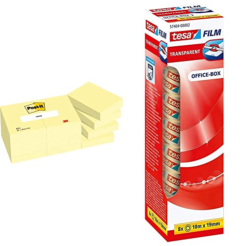 Post-it Haftnotizen 653E 51 x 38 mm gelb 12 Blöcke à 100 Blat & tesafilm transparent - Transparentes Klebeband mit starker Haftung - alterungsbeständig und reißfest - 10 m x 19 mm - 8er Pack von Post-it