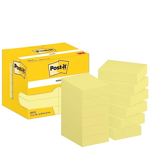 Post-it Notizen Kanariengelb, Packung mit 12 Blöcken, 100 Blatt pro Block, 51 mm x 38 mm, Farbe: Gelb - Selbstklebende Notizzettel zum Notieren, für To-Do-Listen und als Erinnerung von Post-it