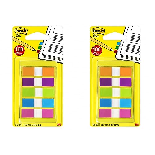 Post-it Haftstreifen Index Mini 683-5CB2 – Farbige Haftnotizen im extra kleinen Format 11,9 x 43,2 mm – 5 Haftstreifen Blöcke à 20 Blatt in 5 Farben im praktischen Etui (Packung mit 2) von Post-it