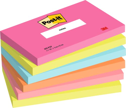 Post-it Notes Poptimistic Collection, Packung mit 6 Blöcken, 100 Blatt pro Block, 76 mm x 127 mm, Pink, Grün, Blau, Orange - Selbstklebende Notizzettel für Notizen, To-Do-Listen und Erinnerungen von Post-it