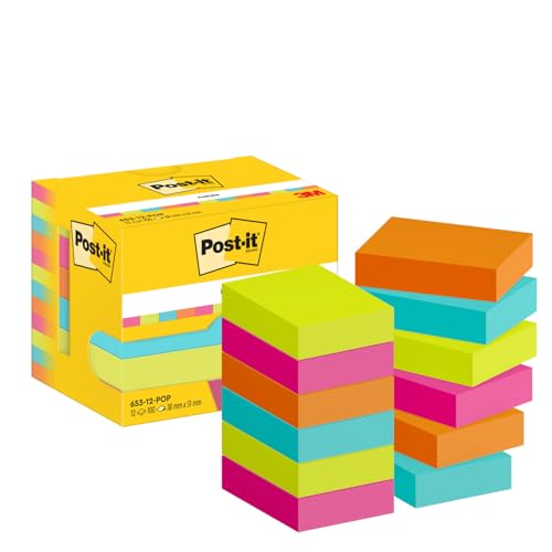 Post-it Notes Poptimistic Collection, Packung mit 12 Blöcken, 100 Blatt pro Block, 38 mm x 51 mm, Pink, Grün, Blau, Orange - Selbstklebende Notizzettel für Notizen, To-Do-Listen und Erinnerungen von Post-it